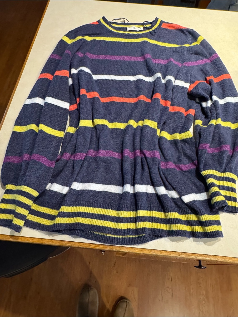 Terra & Sky Navy Crewneck Sweater with Yellow, White, Orange & Purple Stripes